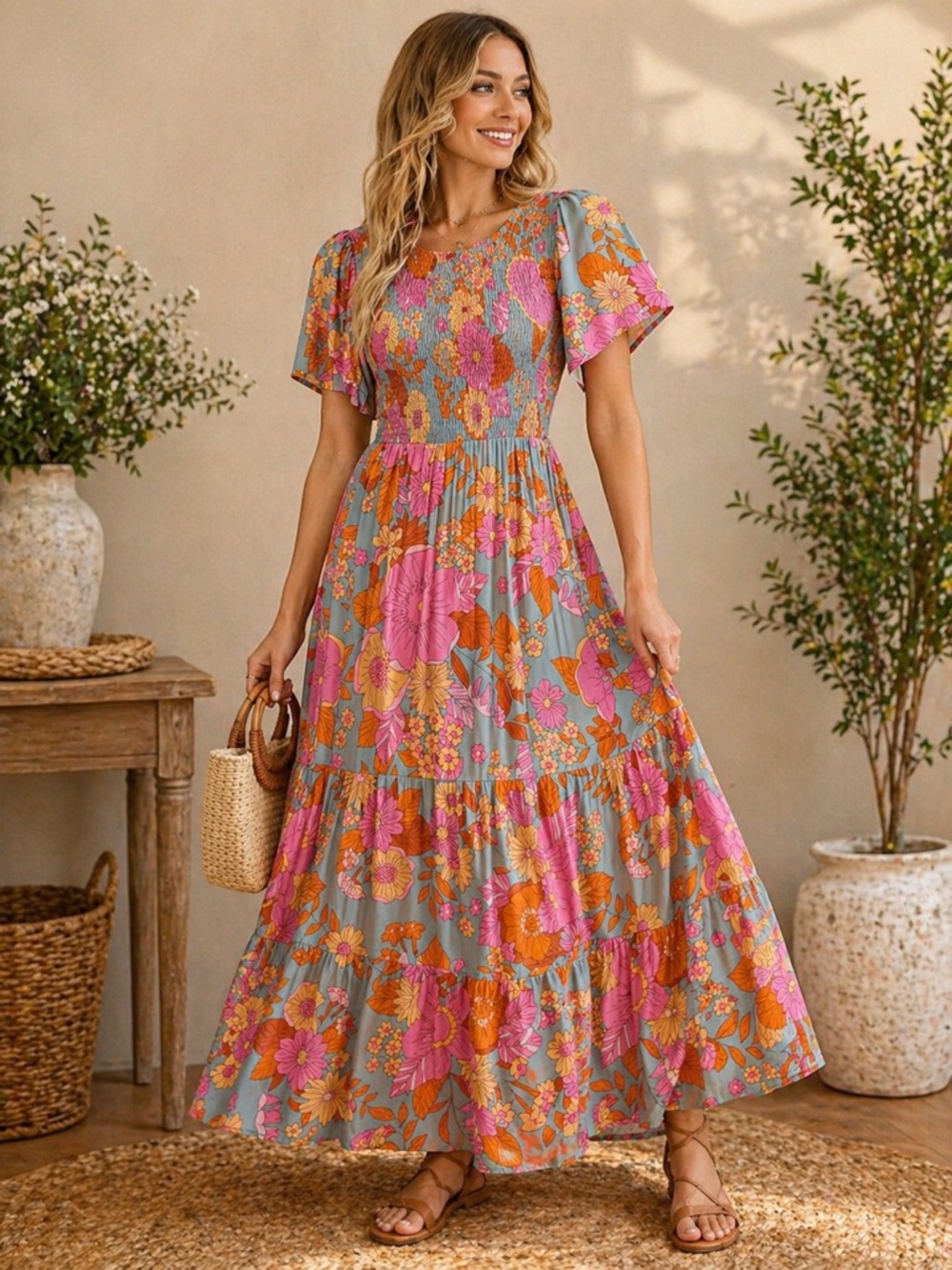 Zesica Floral Smocked Maxi Dress Size Small